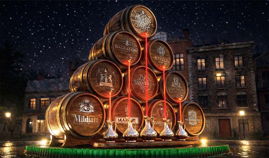 “Wines of Georgia” public art illuminated at night: a large-scale composition of barrels engraved with the names of Georgian wineries, integrated into the fountain setting of a historic square.