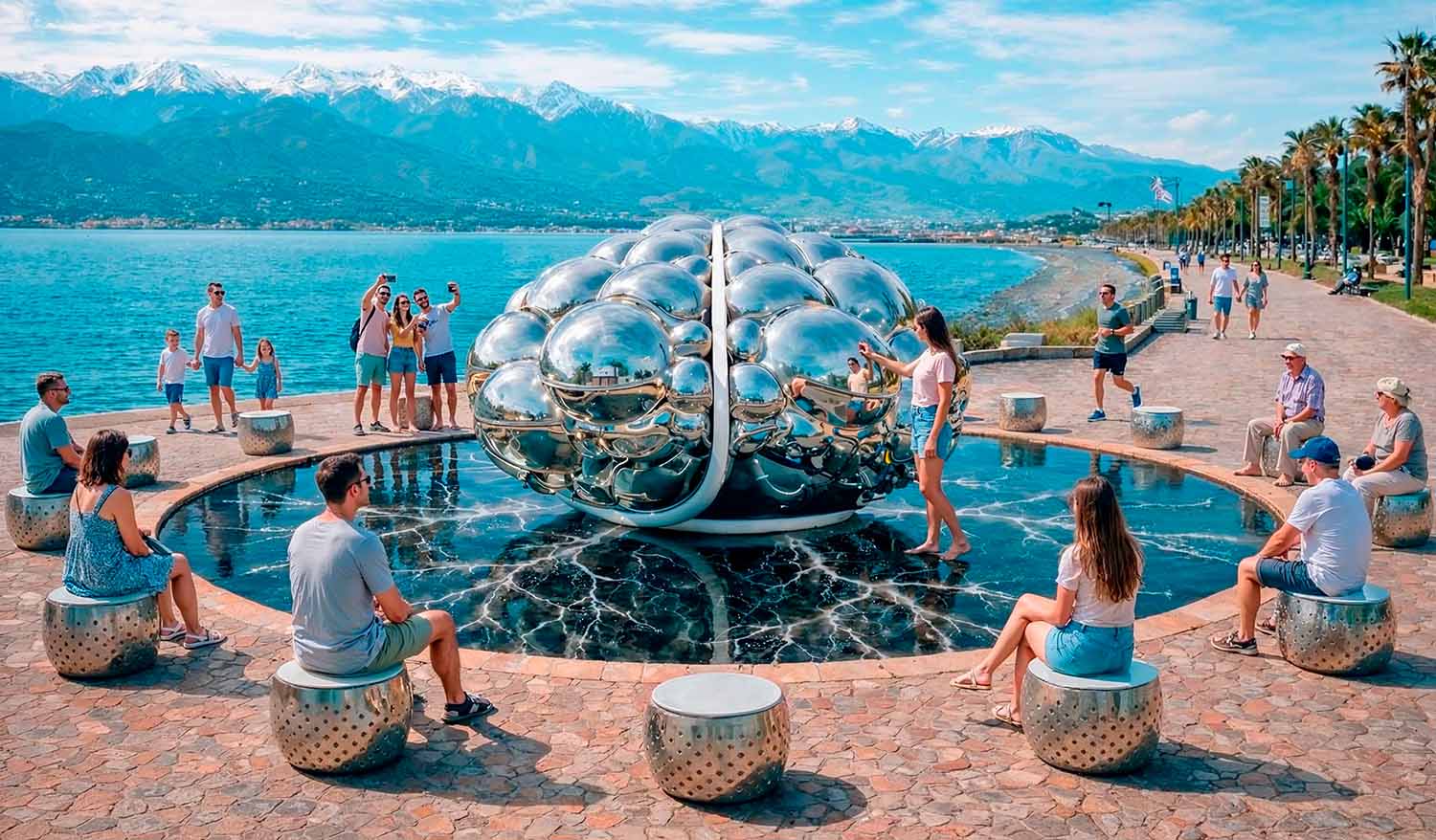Дневной вид на инсталляцию «Глобальный разум» на морской набережной: зеркальная скульптура мозга расположена в центре круглого бассейна с графическим световым рисунком, вокруг посетители сидят на металлических тумбах и фотографируются на фоне моря и гор.