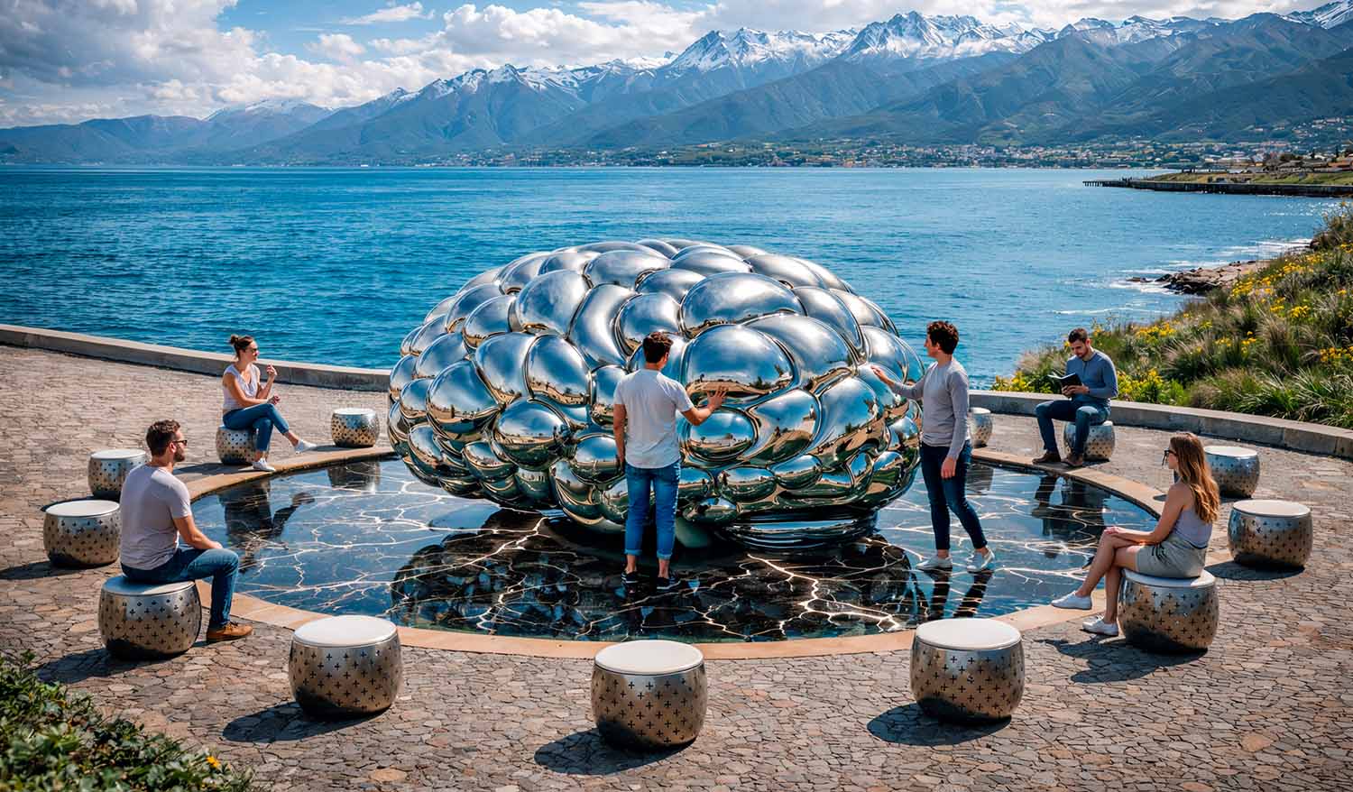 Инсталляция «Глобальный разум» в дневном освещении — зеркальная скульптура мозга отражает море и горный хребет, установлена в центре круглой чаши с графическим рисунком, вокруг посетители взаимодействуют с объектом и отдыхают на перфорированных металлических тумбах.