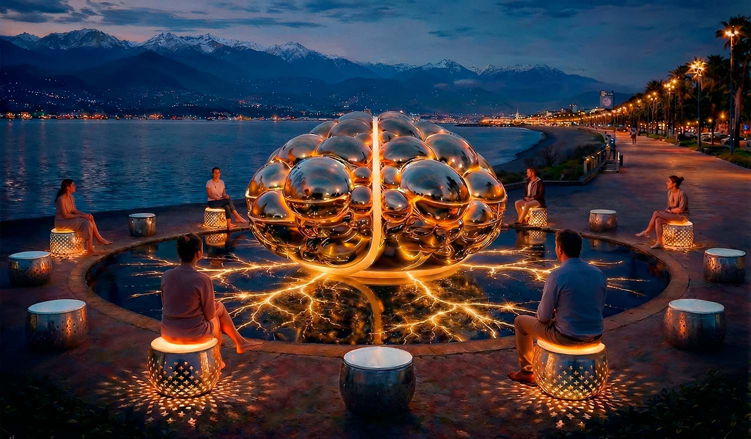 Интерактивная инсталляция "Глобальный разум" в форме мозга из зеркальной нержавеющей стали, установленная у моря на набережной в вечернее время. Центральная скульптура подсвечена тёплым светом, отражается в стеклянной поверхности с эффектом нейронных связей. Вокруг расположены светящиеся перфорированные сиденья с людьми. Проект посвящён искусственному интеллекту и нейросетям.