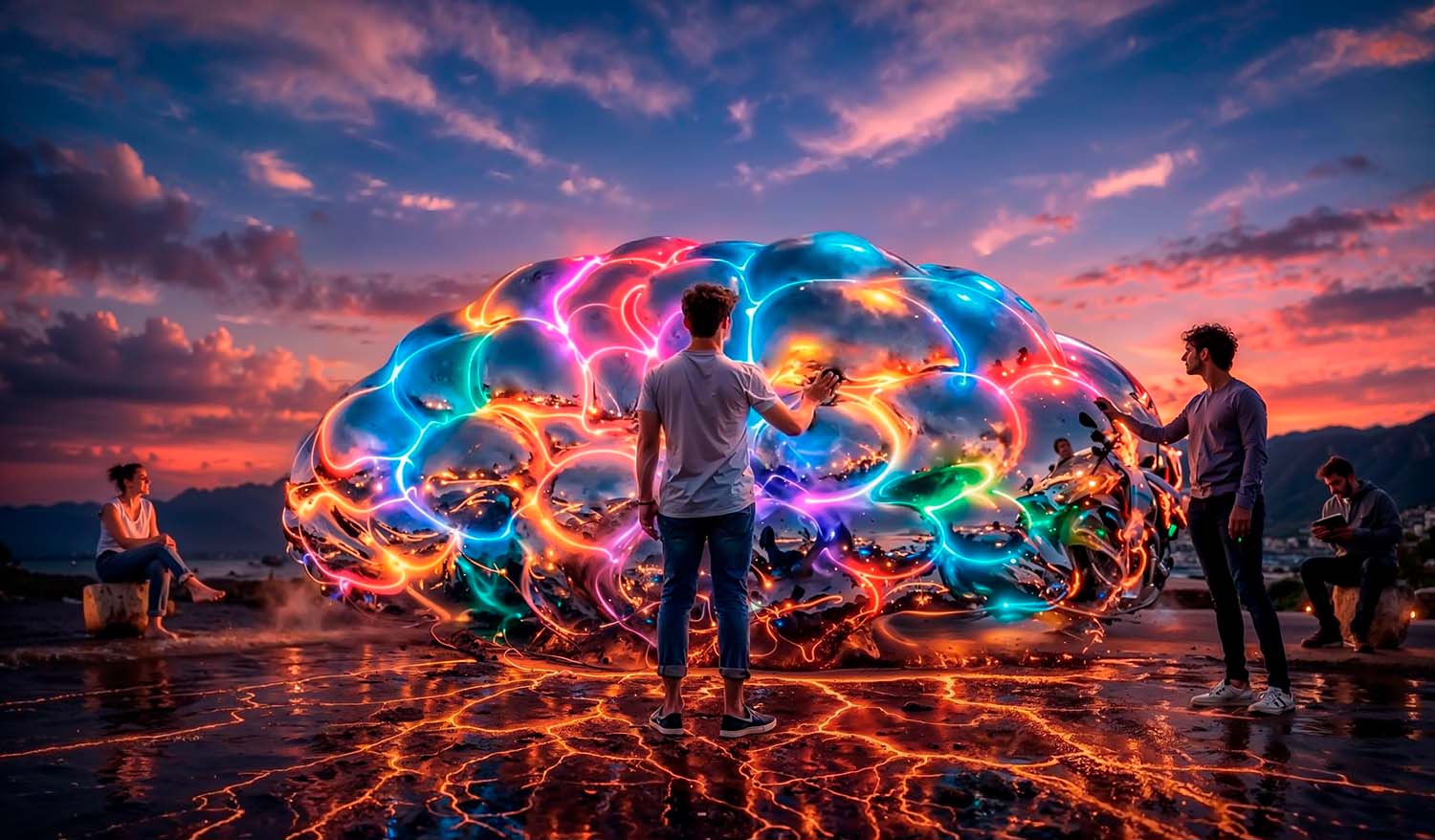 Интерактивная световая инсталляция «Глобальный разум» — гигантская скульптура мозга с неоновыми световыми потоками синего, розового и оранжевого цвета, расположенная на открытой площадке на закате; посетители взаимодействуют с объектом, а световые линии расходятся по земле, создавая эффект глобальной цифровой сети.