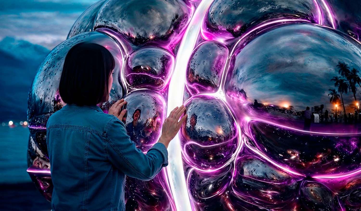 Женщина касается полированной скульптуры мозга «Глобальный разум»; розово-фиолетовые световые линии проходят между зеркальными сегментами, отражая закат и силуэты посетителей.