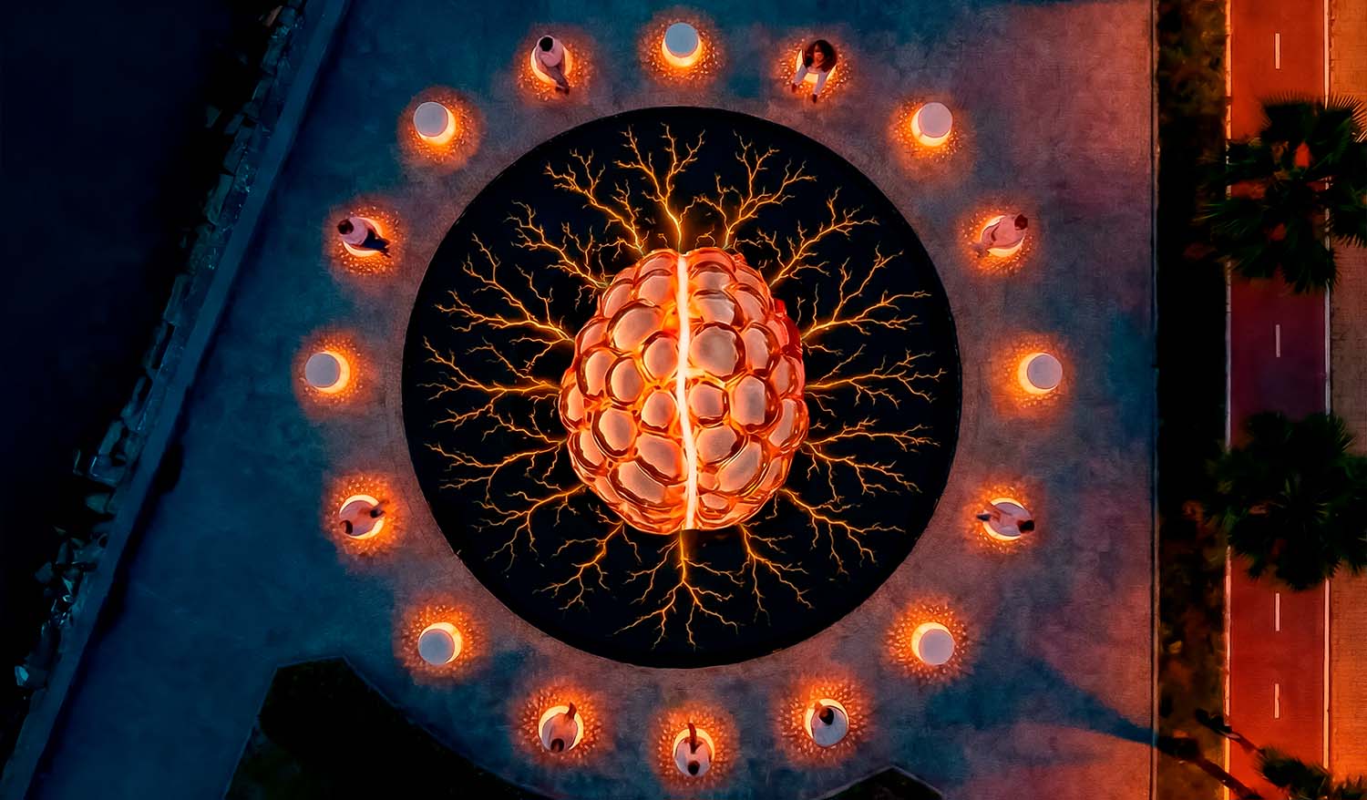 Вид сверху на инсталляцию «Глобальный разум»: светящаяся скульптура мозга в центре чёрного круга, от которой расходятся оранжевые световые «нейронные» ветви; по периметру размещены круглые световые тумбы с посетителями.