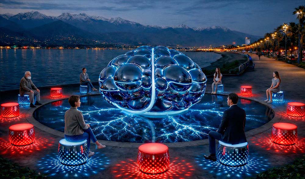 The "Global Mind" installation on the evening embankment: a mirrored sculpture of a brain illuminated by blue light is installed in the center of a glass platform with electric light lines, surrounded by visitors on glowing red and blue pedestals, with the sea and snow-capped mountains in the background.