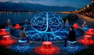 “Global Mind” installation at night — a mirrored brain sculpture illuminated in cool blue stands within a circular basin, surrounded by visitors seated on red and cyan glowing pedestals, creating a symmetrical social space against a waterfront and mountain backdrop.