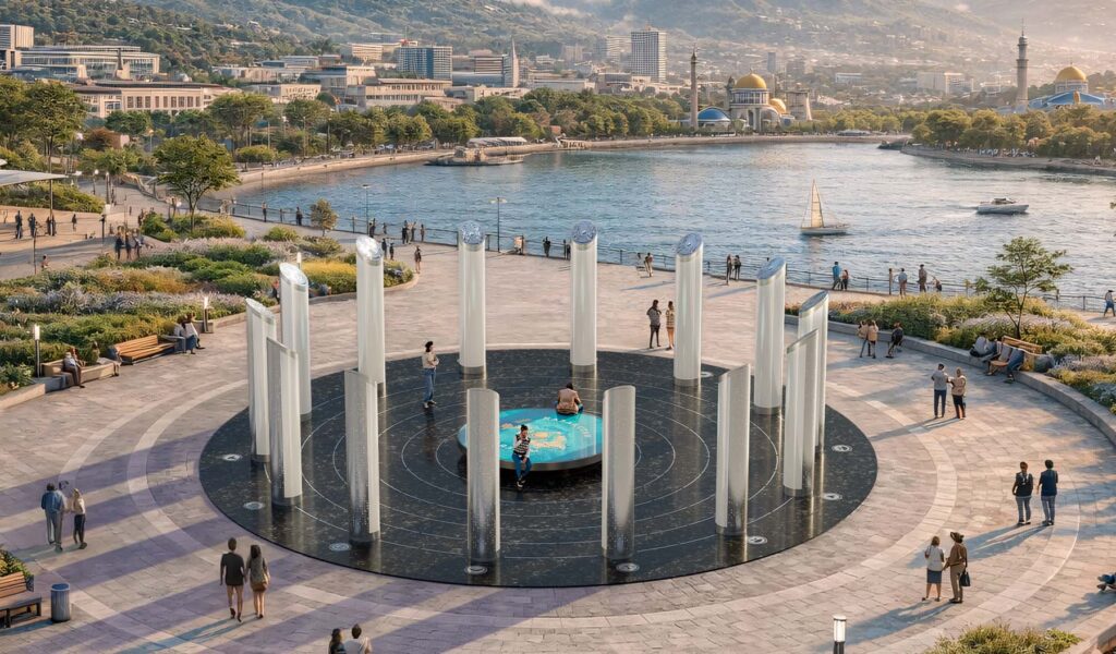 Интерактивная городская инсталляция с круговой композицией световых колонн и центральной платформой на набережной — современное общественное пространство для взаимодействия посетителей с цифровым контентом и светом.