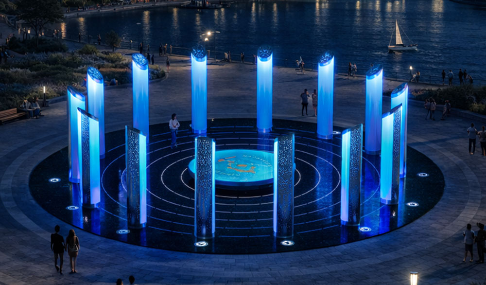 Современная световая инсталляция "Богатство Нации" у воды: круг из светящихся голубых колонн вокруг центрального подиума.