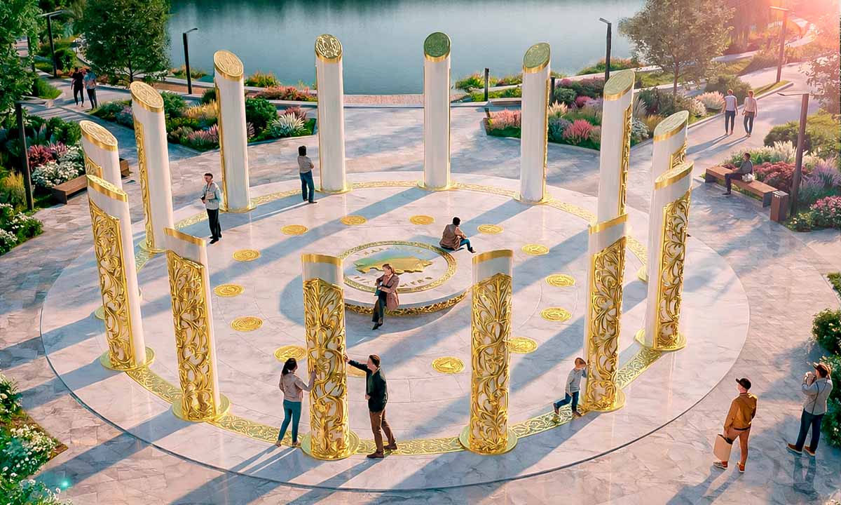 Интерактивная световая инсталляция «Богатство Нации» — 14 белых колонн с золотым орнаментом, расположенных по кругу вокруг центральной платформы с картой Казахстана, в благоустроенном парке у воды; посетители взаимодействуют с пространством в тёплом вечернем свете.