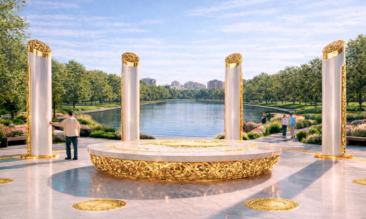 Дневная визуализация инсталляции «Богатство Нации» — центральная круглая платформа с золотым орнаментом и четыре световые колонны на набережной; на фоне река, зелёный парк и городская застройка, посетители гуляют и взаимодействуют с пространством.