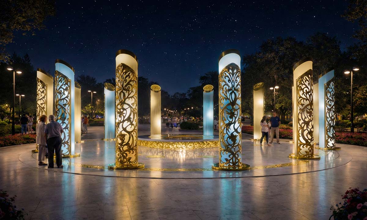 Интерактивная инсталляция «Богатство Нации» ночью — 14 светящихся колонн с золотым орнаментом образуют круг в городском парке; тёплая и голубая подсветка отражается на мраморной поверхности, посетители гуляют и взаимодействуют с пространством под звёздным небом.