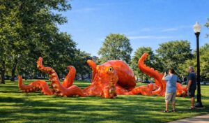 Гигантская красная скульптура осьминога, установленная на зелёной лужайке городского парка; рядом стоят люди и фотографируют арт-объект в солнечный день.