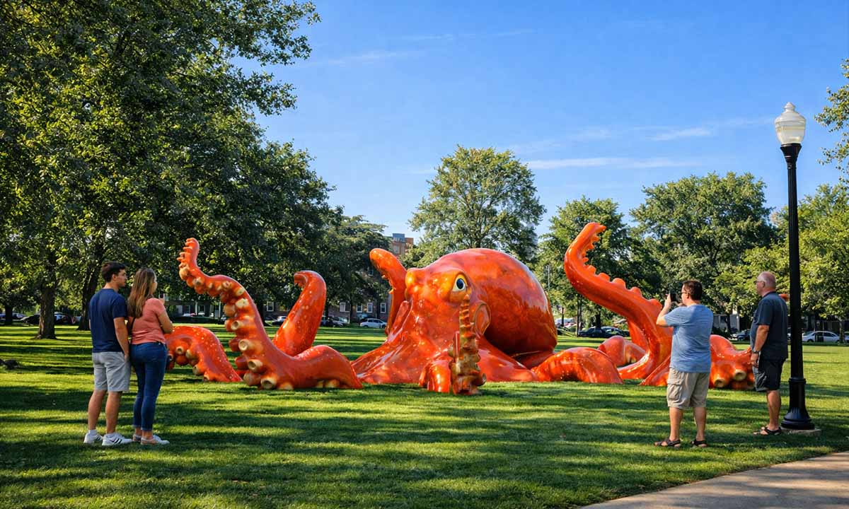 Гигантский паблик арт в виде осьминога установленного на зелёной лужайке городского парка; вокруг стоят и фотографируют его посетители, на фоне деревьев и жилых домов в солнечный день.