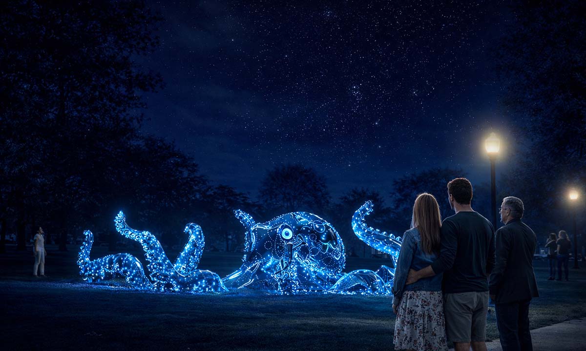 Светящийся голубой паблик арт в виде гигантского осьминога установленного на лужайке парка ночью; рядом стоят люди и наблюдают за арт-объектом на фоне звёздного неба и фонарей.