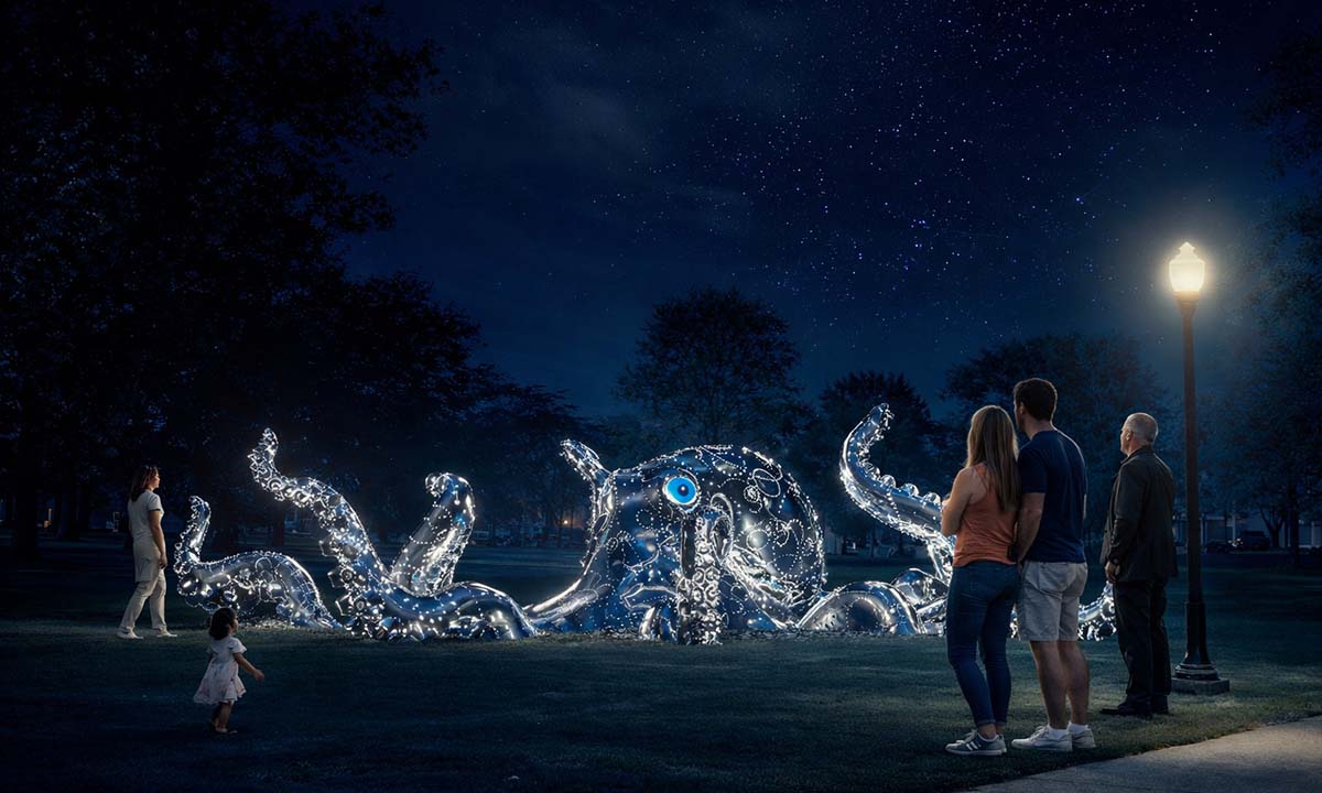 Светящаяся бело-голубая инсталляция в виде гигантского осьминога размещена на газоне парка ночью; рядом стоят взрослые и ребёнок, наблюдая арт-объект под звёздным небом и уличным фонарём.