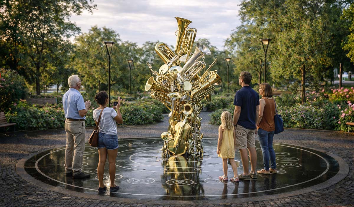 Интерактивная арт-инсталляция «Оркестр» в городском парке: скульптура из золотых духовых инструментов установлена в центре круглой платформы, вокруг которой стоят посетители.