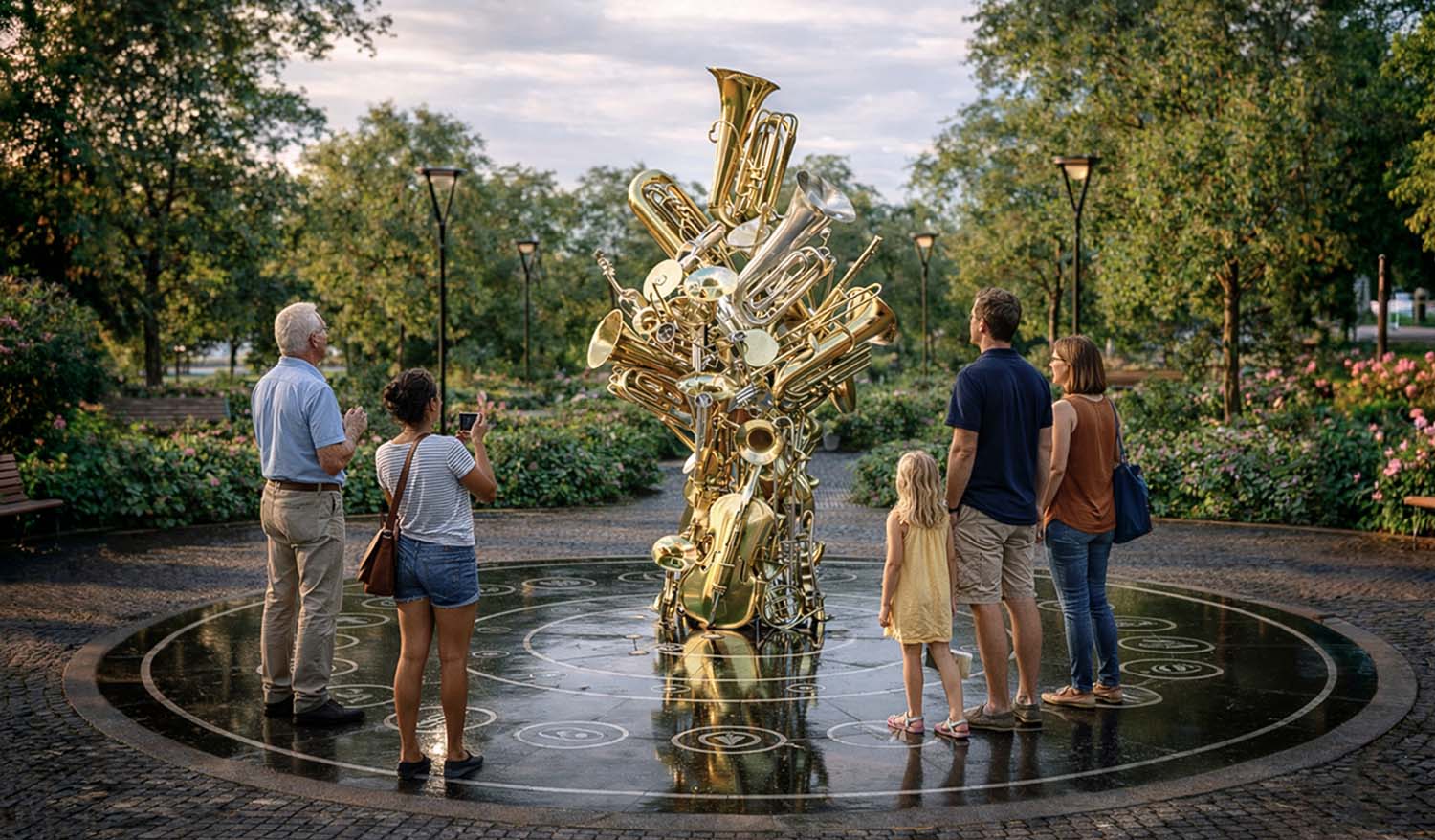 Интерактивная арт-инсталляция «Оркестр» в городском парке: скульптура из золотых духовых инструментов установлена в центре круглой платформы, вокруг которой стоят посетители.