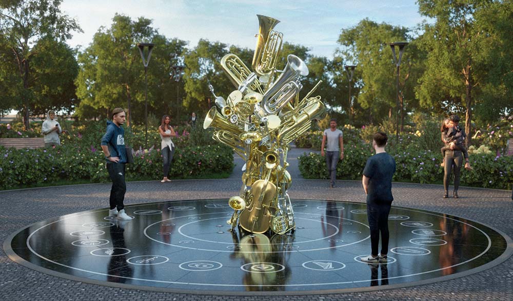 Интерактивная инсталляция «Оркестр»: скульптура из духовых инструментов в центре парка
