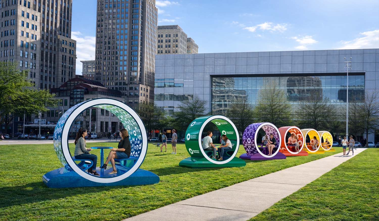 Интерактивная инсталляция «Городские порталы» — серия ярких круглых капсул с интегрированными столиками и сиденьями, размещённых на открытой городской площади; внутри посетители общаются в приватных зонах, а цветные поверхности с графикой формируют современный визуальный акцент в общественном пространстве.