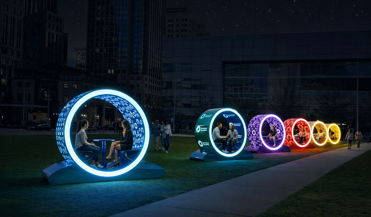 Интерактивная инсталляция «Городские порталы» — линия светящихся круглых капсул с неоновой подсветкой и графикой, расположенных в ночном городском парке; внутри посетители сидят за столиками, а мягкий цветной свет формирует атмосферу приватного общения на фоне современной архитектуры.