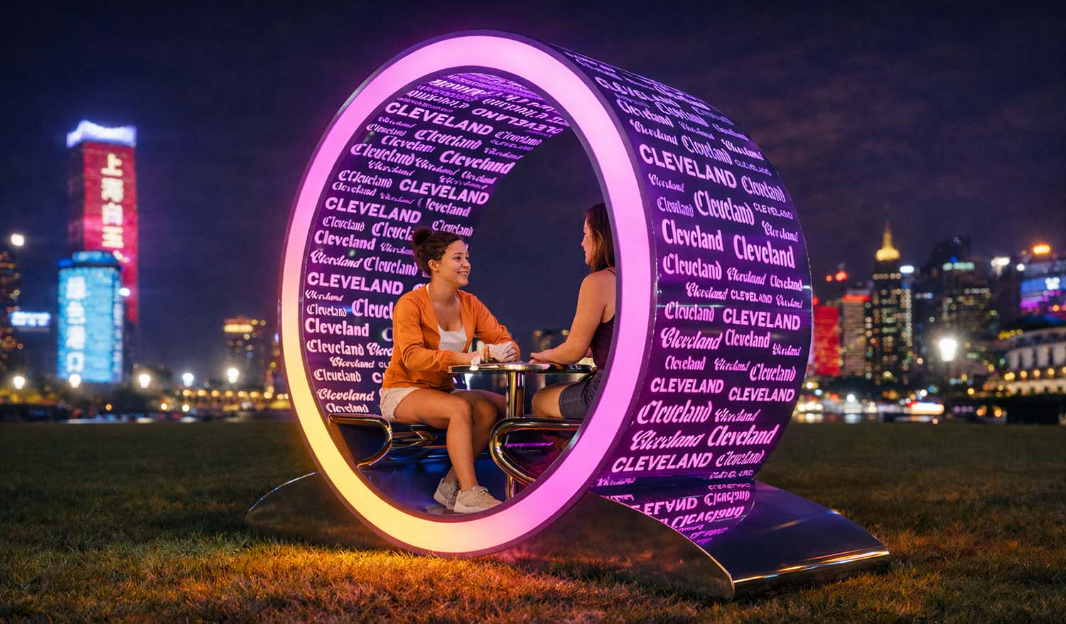 Интерактивная инсталляция «Городские порталы» — светящаяся круглая капсула с неоновой рамкой и типографикой, установленная на газоне на фоне ночного skyline; внутри две посетительницы сидят за столиком, а мягкая подсветка создаёт камерную атмосферу общения в городском пространстве.