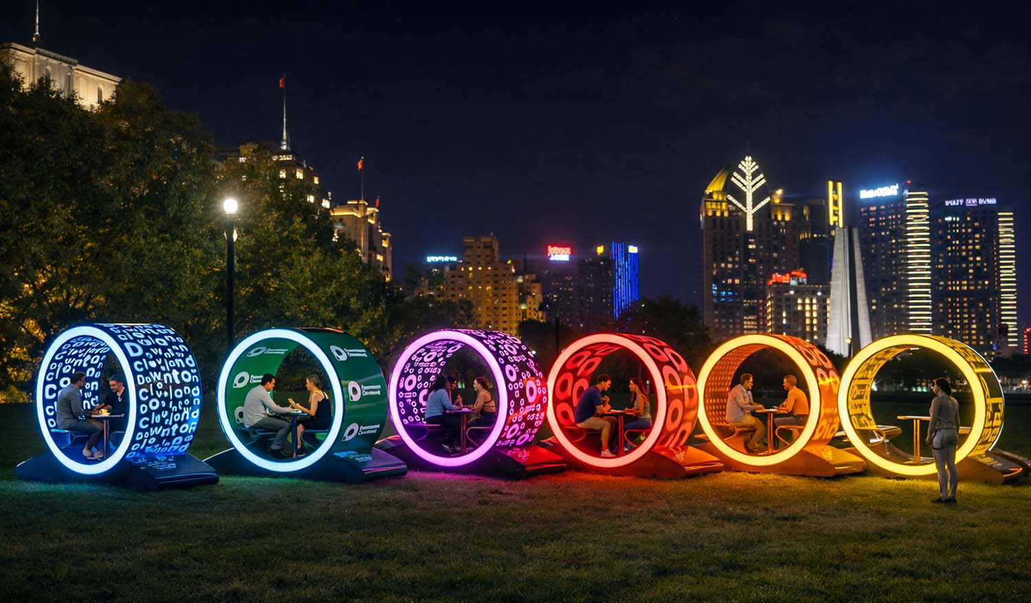 Интерактивная инсталляция «Городские порталы» — серия светящихся круглых капсул разных цветов с интегрированными столиками и сиденьями, установленных в городском парке на фоне ночного вида; внутри посетители общаются и взаимодействуют в приватных световых пространствах