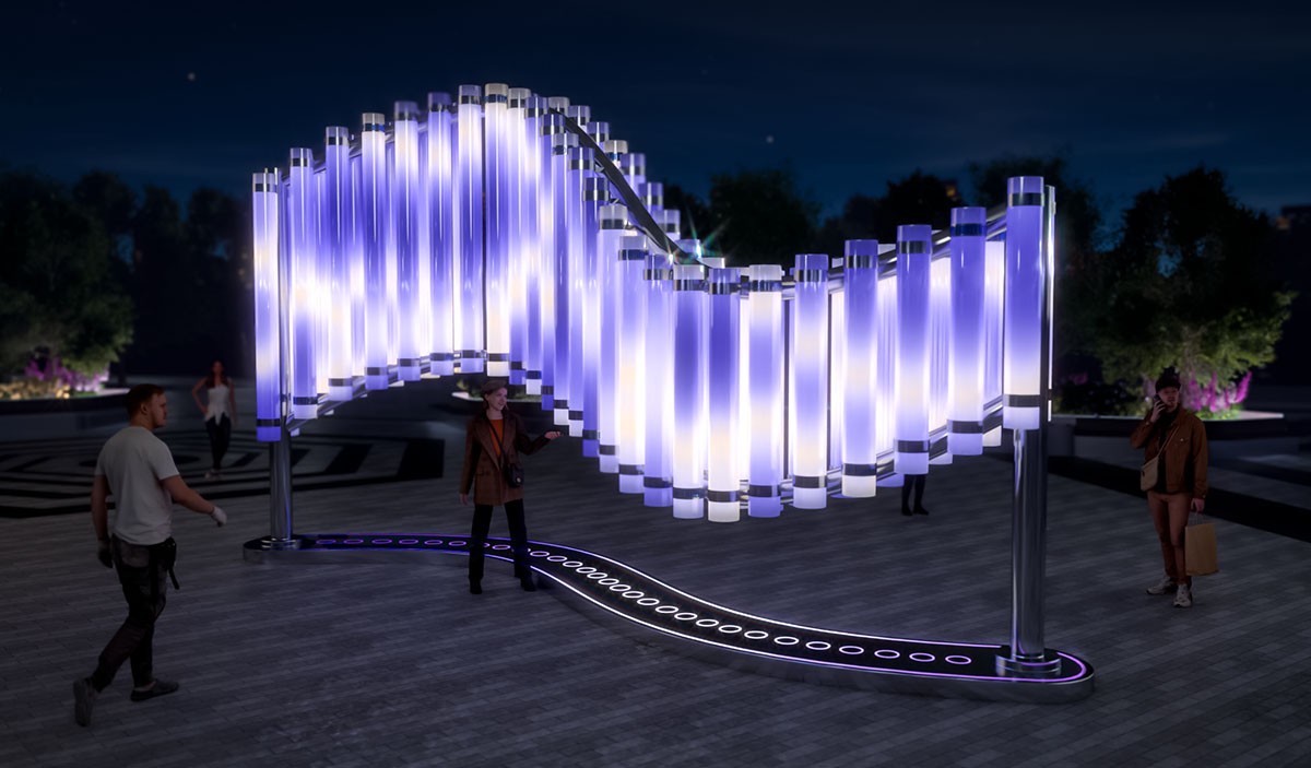 Интерактивная световая инсталляция "Волшебные потоки" в форме волны из вертикальных светящихся цилиндров, установленных на металлической конструкции на городской площади, с посетителями в вечернее время.