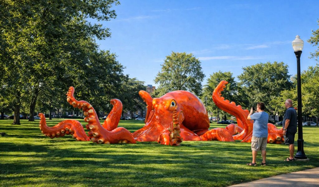 Яркая скульптура гигантского оранжевого осьминога в городском парке — современный объект паблик-арта, установленный на зелёной лужайке среди деревьев, привлекающий внимание посетителей.