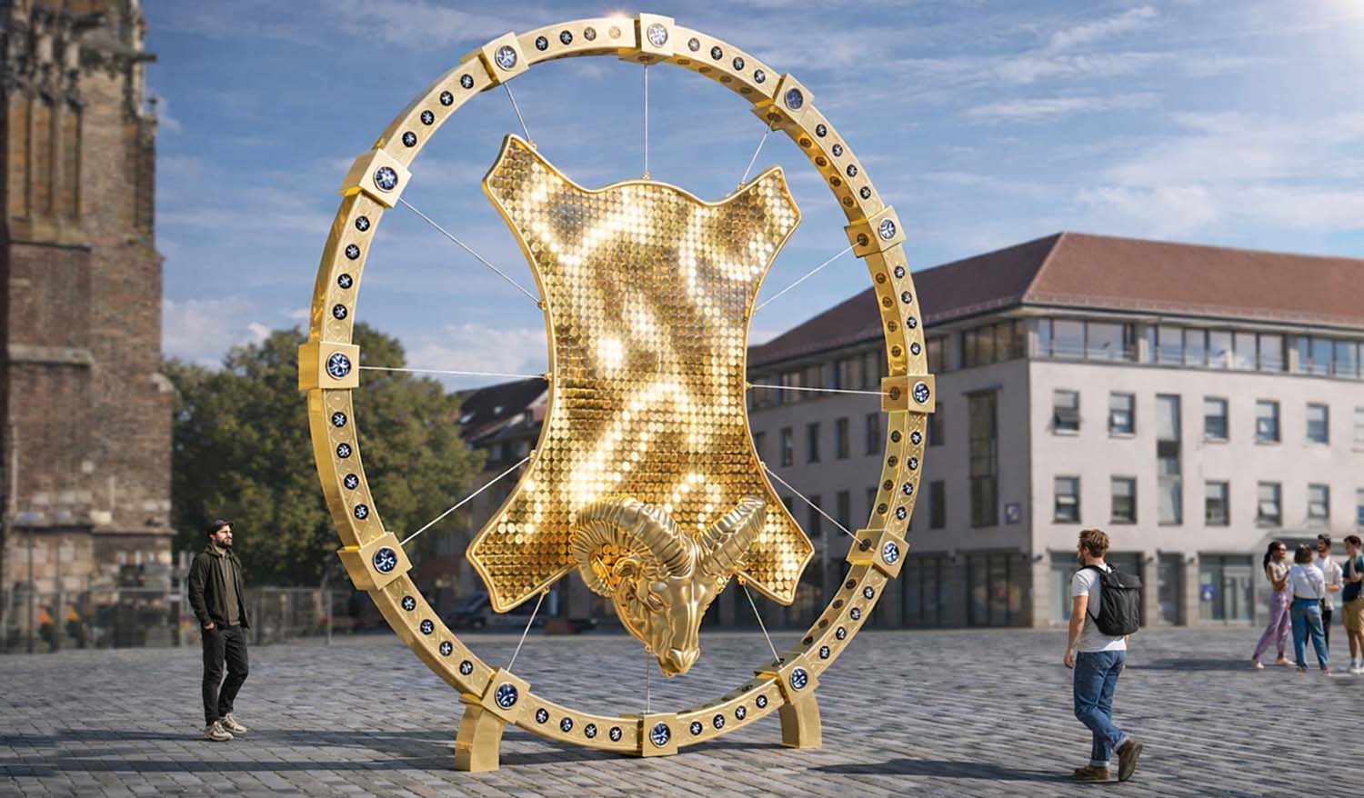 Кинетическая инсталляция «Золотое руно» в дневном городском пространстве — крупное золотое кольцо с декоративными вставками и подвешенной панелью из отражающих дисков, дополненной скульптурной головой барана.