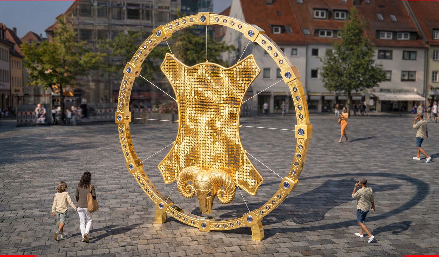 Кинетическая инсталляция «Золотое руно» — крупная золотая скульптура в виде круглой рамы с инкрустированными элементами, внутри которой подвешено мерцающее «полотно» из золотых дисков и декоративная голова барана внизу; объект установлен на городской площади, вокруг проходят люди и фотографируют арт-объект.