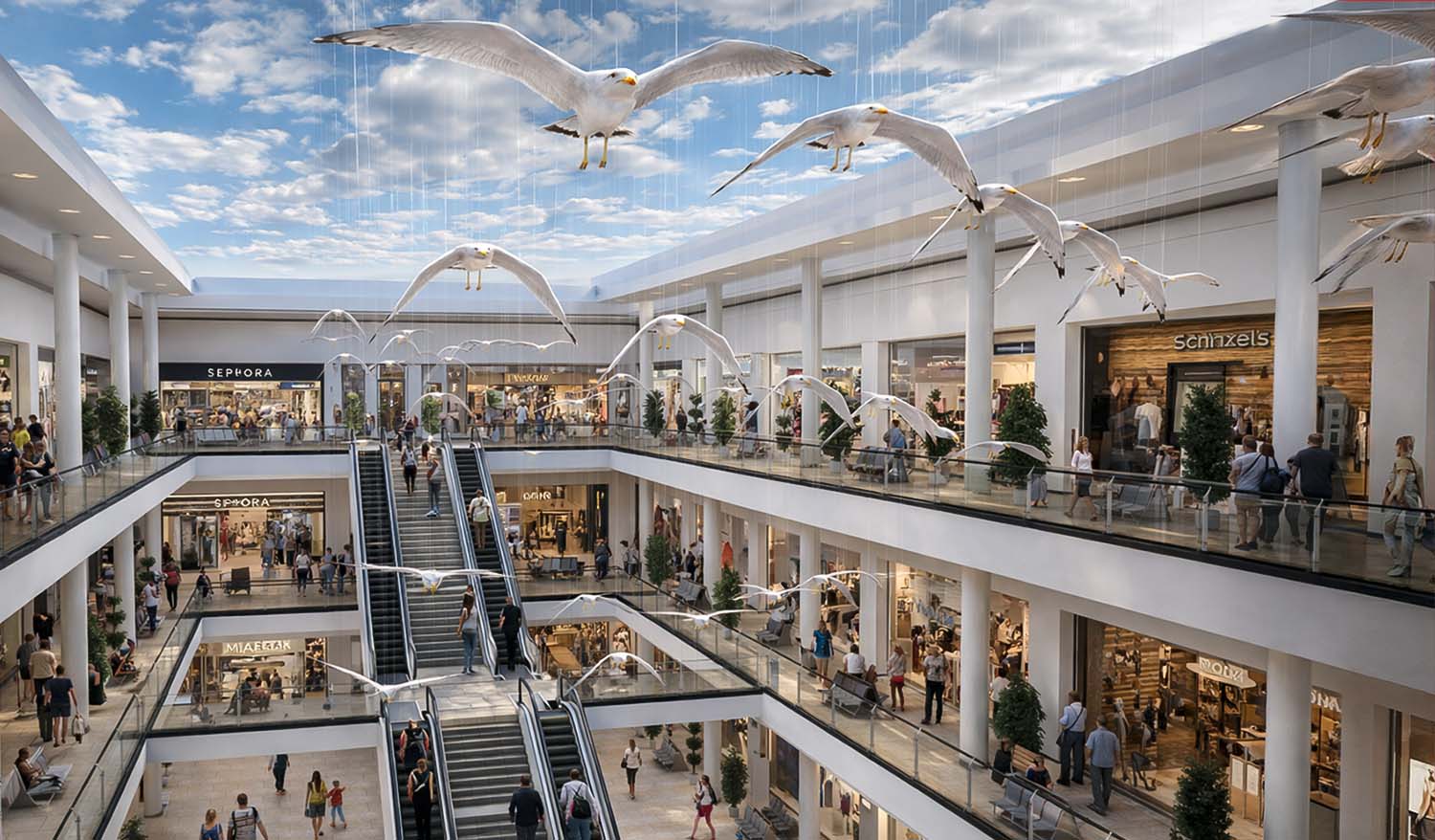 Инсталляция «Чайки» — объёмные белые птицы подвешены на тонких нитях и словно пролетают над тремя уровнями галерей и эскалаторами; голубой потолок с облаками усиливает иллюзию открытого неба, а поток посетителей и витрины брендов создают живой городской контекст под «парящей» стаей.