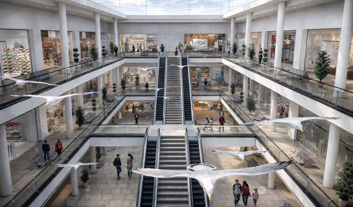 Многоуровневый атриум ТРЦ с группой эскалаторов, над которыми расположена кинетическая инсталляция «Чайки» — крупные белые силуэты птиц с детализированными крыльями растянуты по вертикали пространства.