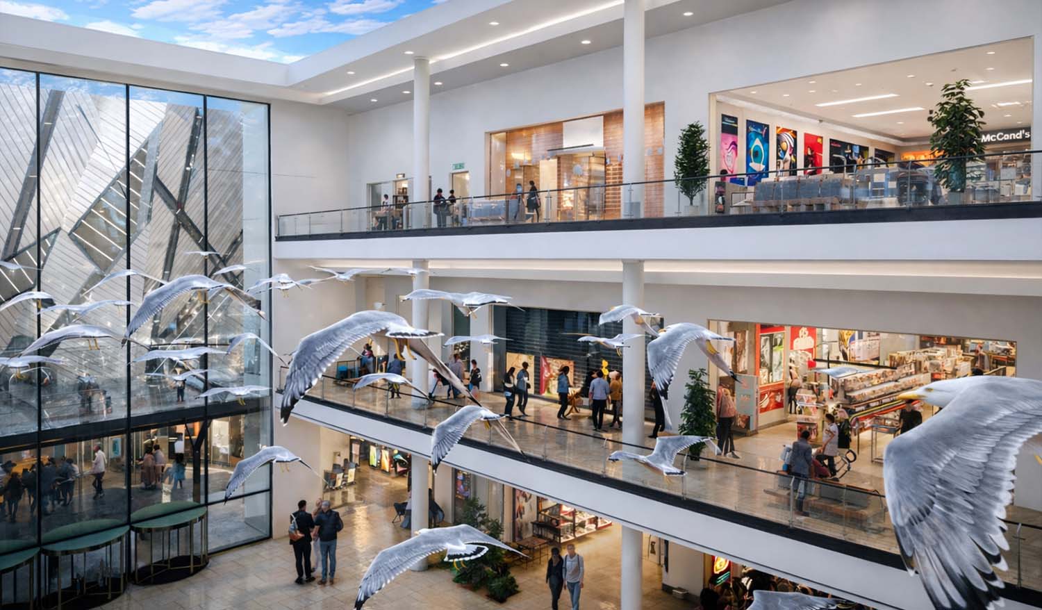 Кинетическая инсталляция «Чайки» в атриуме современного торгового центра — подвесные белые фигуры чаек с расправленными крыльями парят над несколькими уровнями галерей, создавая эффект движения и лёгкости на фоне витрин магазинов и стеклянного фасада.