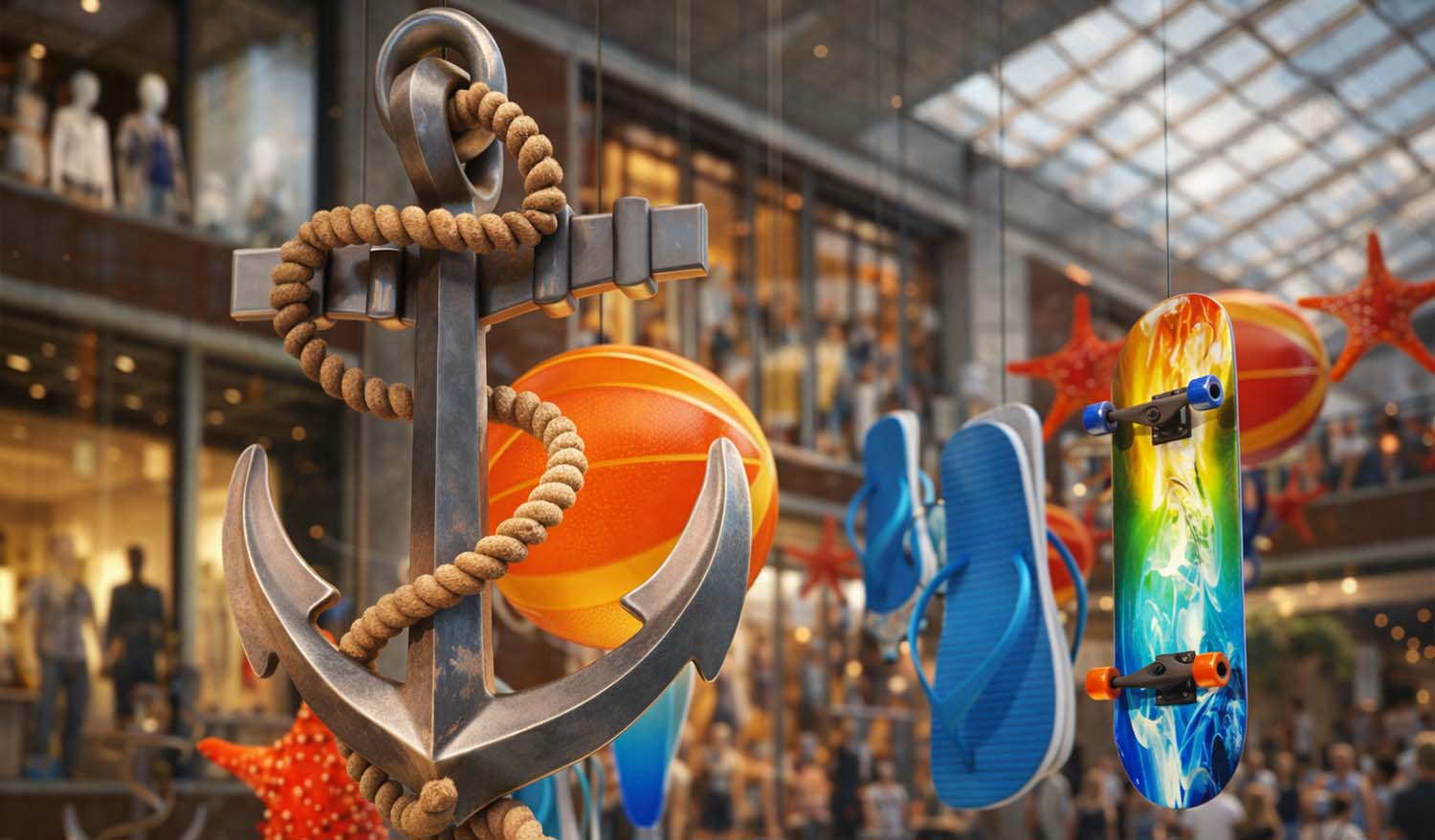 Кинетическая инсталляция в атриуме торгового центра — подвешенный морской якорь с канатом, яркие надувные мячи, скейтборд и шлёпанцы формируют летнюю композицию в морском стиле под стеклянной крышей.