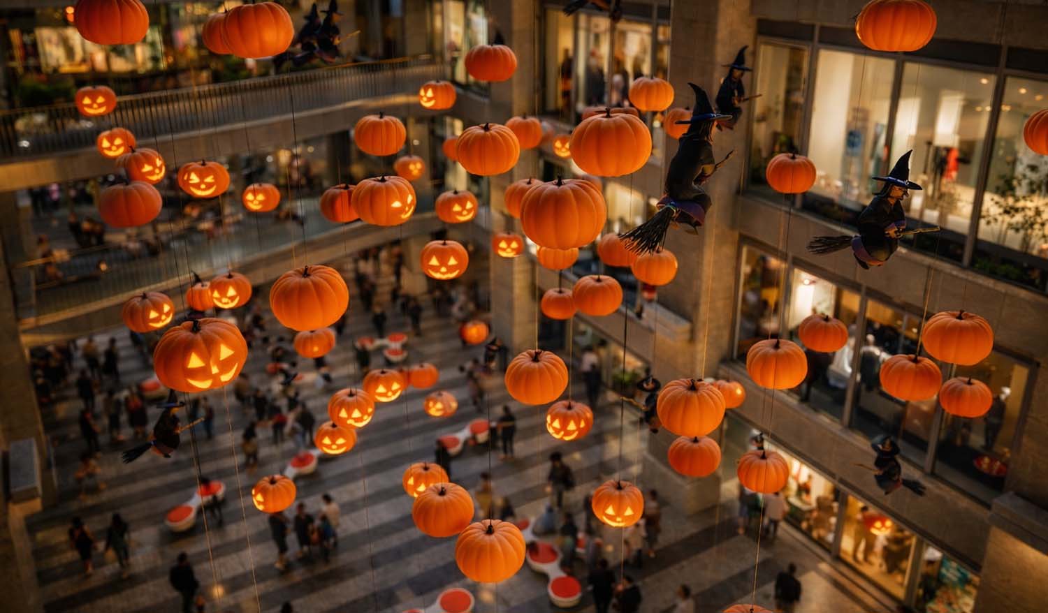 Кинетическая инсталляция в атриуме торгового центра — подвешенные светящиеся тыквы с вырезанными улыбками и фигуры ведьм на метлах создают атмосферу Хэллоуина, формируя объёмную динамичную композицию над пространством с посетителями.