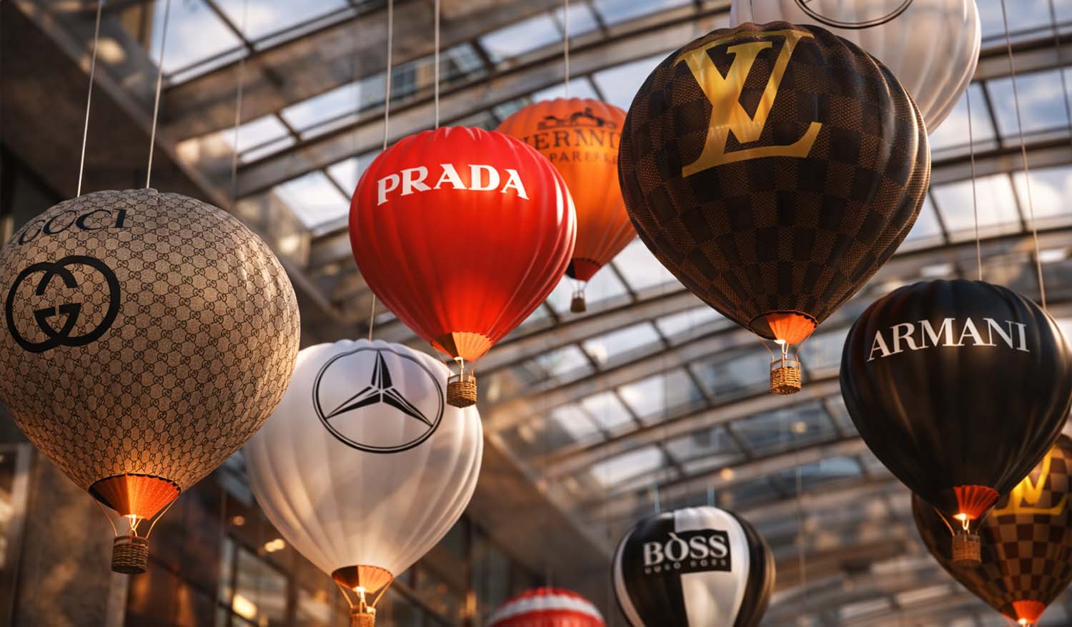 Кинетическая инсталляция «Shopping Vortex» — композиция из брендированных воздушных шаров Prada, Louis Vuitton, Gucci, Armani, Boss и Mercedes под стеклянным куполом, создающей эффект роскошного вихря покупок.