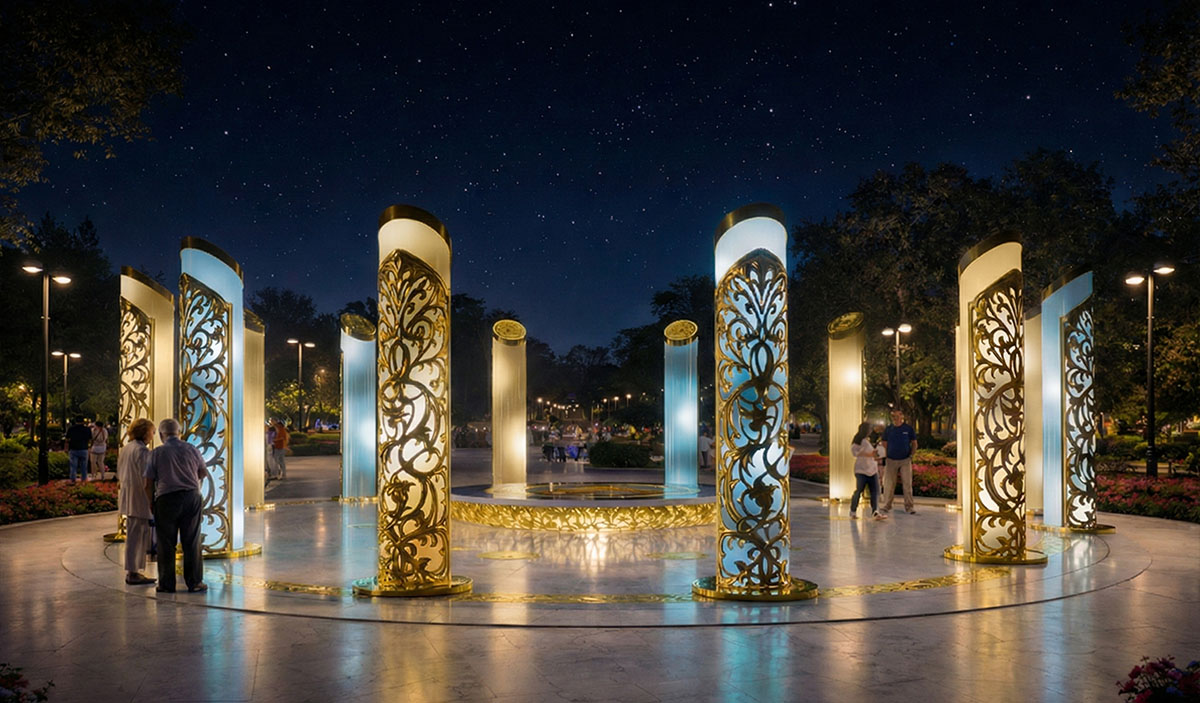 Интерактивная инсталляция "Богатство Нации" из декоративных колонн с золотым орнаментом и мягкой голубой подсветкой, расположенная по кругу на городской площади, где посетители гуляют в вечернем парке под звёздным небом
