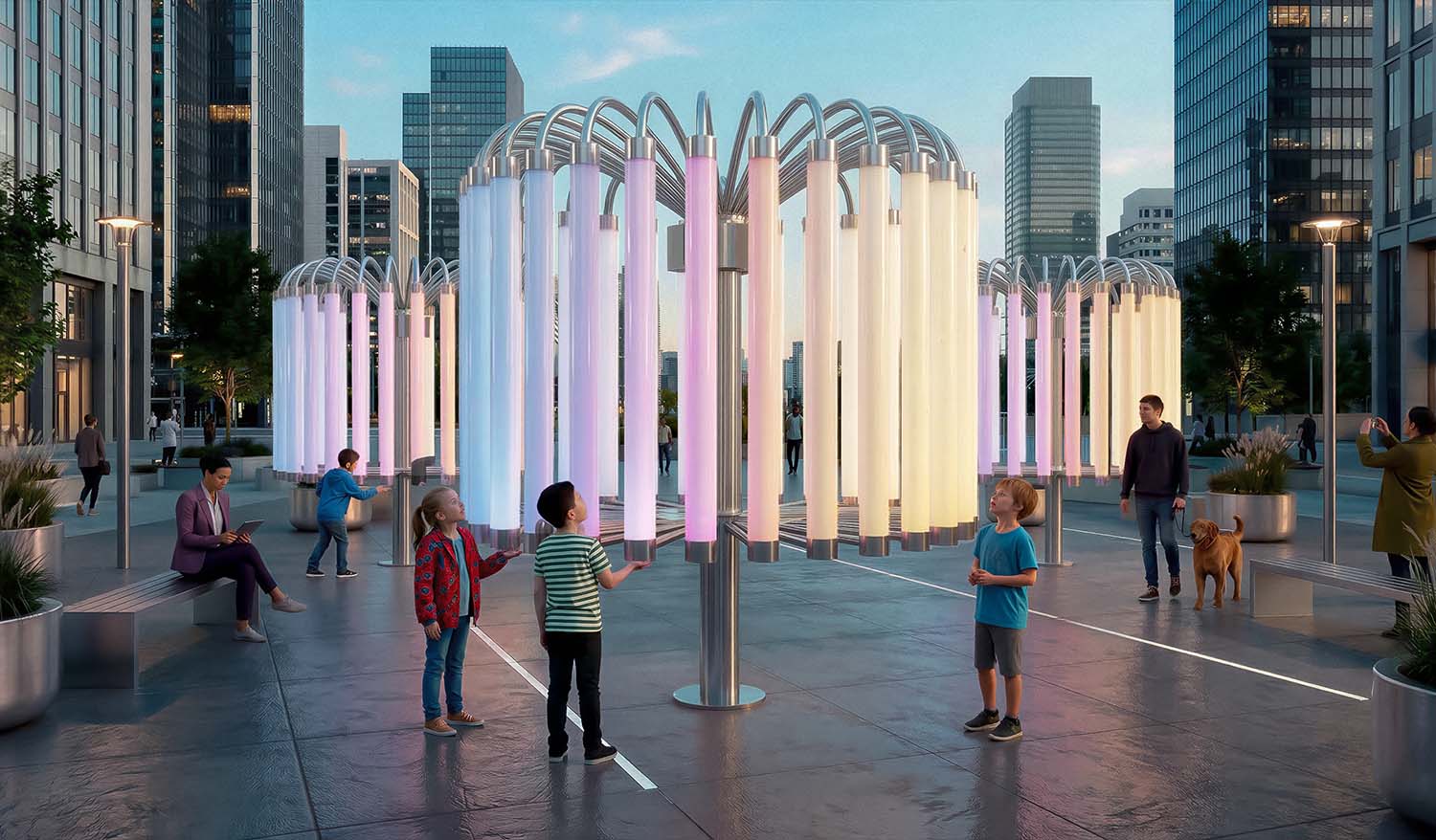 Интерактивная инсталляция «Пульс Света» в городской площади днём: кольцевые группы светящихся поликарбонатных труб с мягким пастельным свечением, на которые реагируют посетители; дети взаимодействуют с объектом, активируя световые сценарии и создавая живую атмосфер