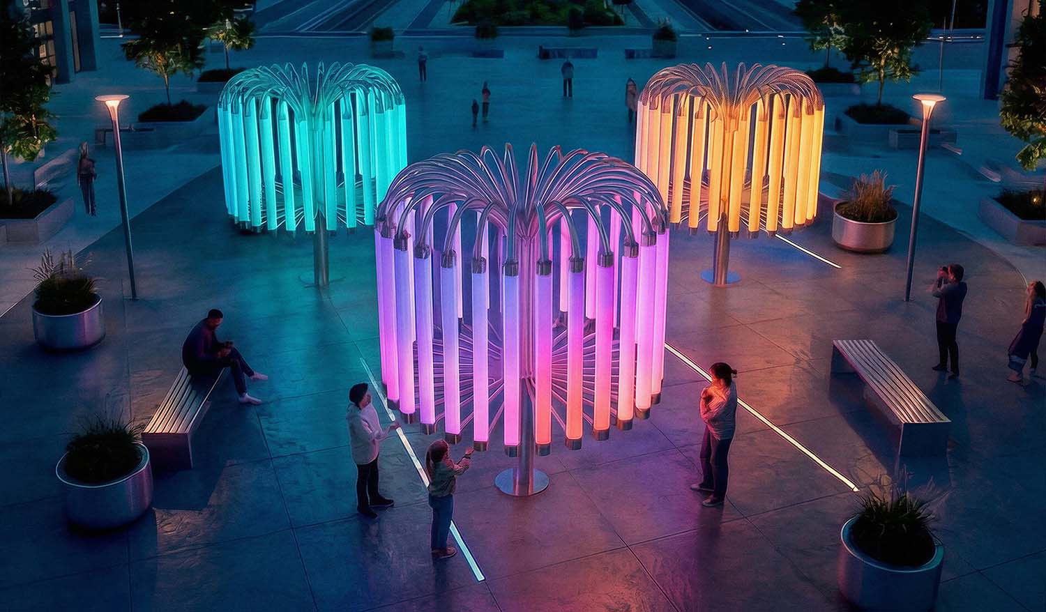 Интерактивная светозвуковая инсталляция «Пульс Света» в городской площади: три арт объекта из светящихся поликарбонатных труб с мягким градиентным свечением (розовый, бирюзовый, оранжевый), реагирующие на движение людей; посетители взаимодействуют с объектом, создавая пульсирующие световые и звуковые эффекты в вечерней среде