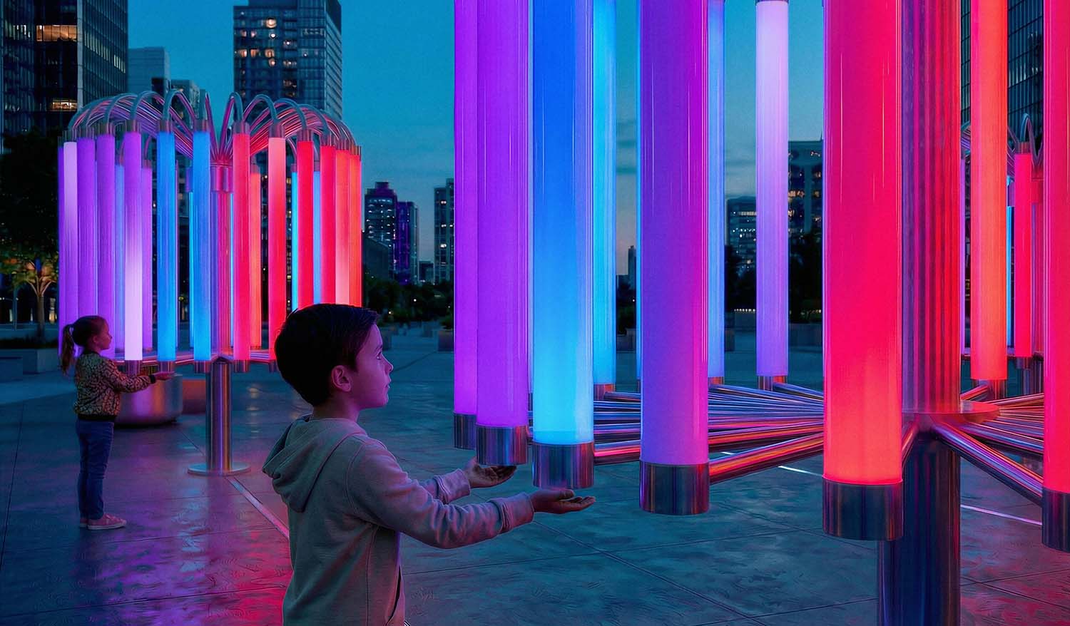 Интерактивная инсталляция «Пульс Света»: дети взаимодействуют с вертикальными светящимися поликарбонатными трубами, поднося руки к датчикам и вызывая пульсирующие цветовые переходы (розовый, синий, красный) в вечернем городском пространстве