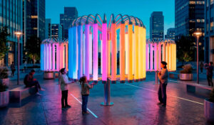 Интерактивная инсталляция «Пульс Света» в современной городской площади: кольцевая композиция из светящихся поликарбонатных труб с градиентным неоновым свечением, реагирующих на поднесение рук; дети и взрослые взаимодействуют с объектом, вызывая пульсирующие световые и звуковые эффекты на фоне вечернего города