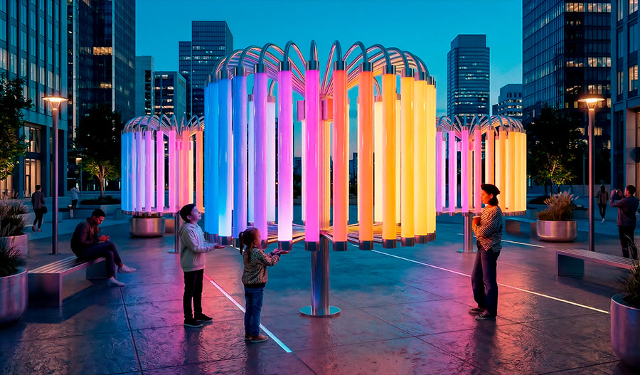 Zamonaviy shahar maydonidagi "Yorugʻlik Pulsi" interaktiv installyatsiyasi: qo'l harakatlariga javob beradigan gradient neon nuri bilan yonib turgan polikarbonat naychalarining halqa shaklidagi kompozitsiyasi; bolalar va kattalar ob'ekt bilan o'zaro ta'sir qilib, kechki shahar fonida pulsatsiyalanuvchi yorug'lik va tovush effektlarini yaratadilar.