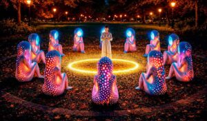 Интерактивная инсталляция «Молитва о Любви» в вечернем парке: человек стоит в центре светящегося круга, окружённый 11 безликими фигурами матерей-хранительниц с динамической LED-подсветкой. Свет, цвет и атмосфера создают иммерсивный ритуал — пространство откликается на присутствие, превращая public art в личный опыт принятия, заботы и благословения.