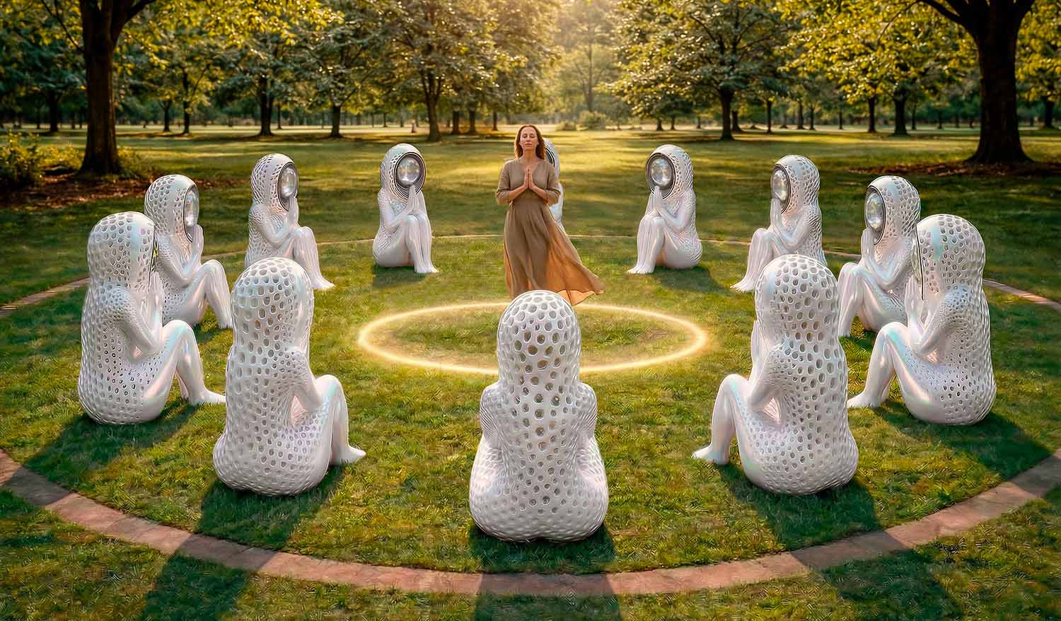 Интерактивная светозвуковая инсталляция «Молитва о Любви»: в парке человек стоит в центре светящегося круга, окружённый 11 безликими фигурами матерей-хранительниц. Пространство приглашает войти внутрь и стать участником ритуала — свет, звук и вибрация создают ощущение принятия, заботы и благословения, превращая public art в личный переживаемый опыт.