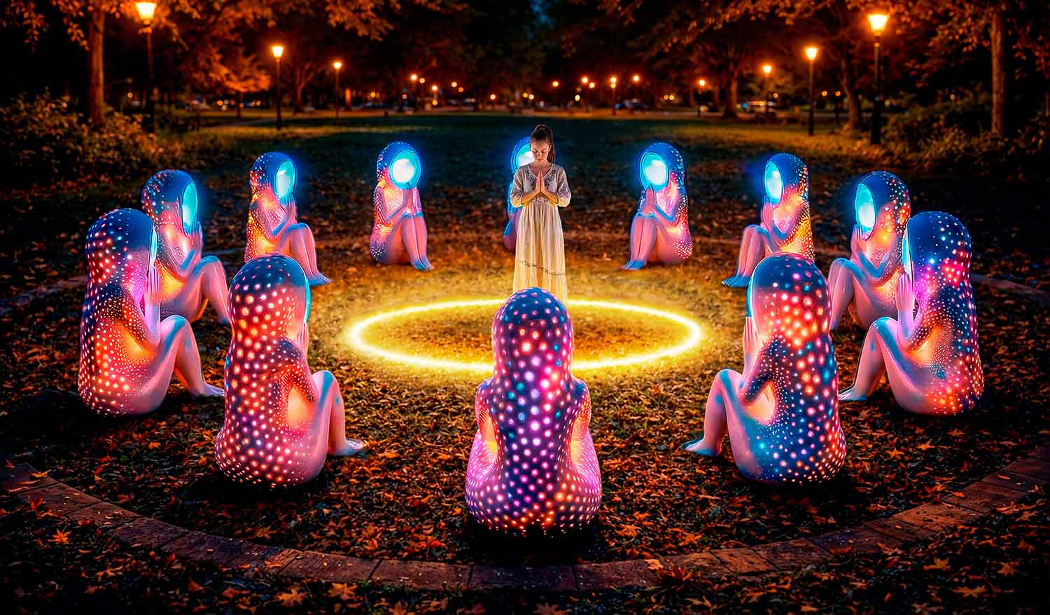 Интерактивная инсталляция «Молитва о Любви» в вечернем парке: человек стоит в центре светящегося круга, окружённый 11 безликими фигурами матерей-хранительниц с динамической LED-подсветкой. Свет, цвет и атмосфера создают иммерсивный ритуал — пространство откликается на присутствие, превращая public art в личный опыт принятия, заботы и благословения.