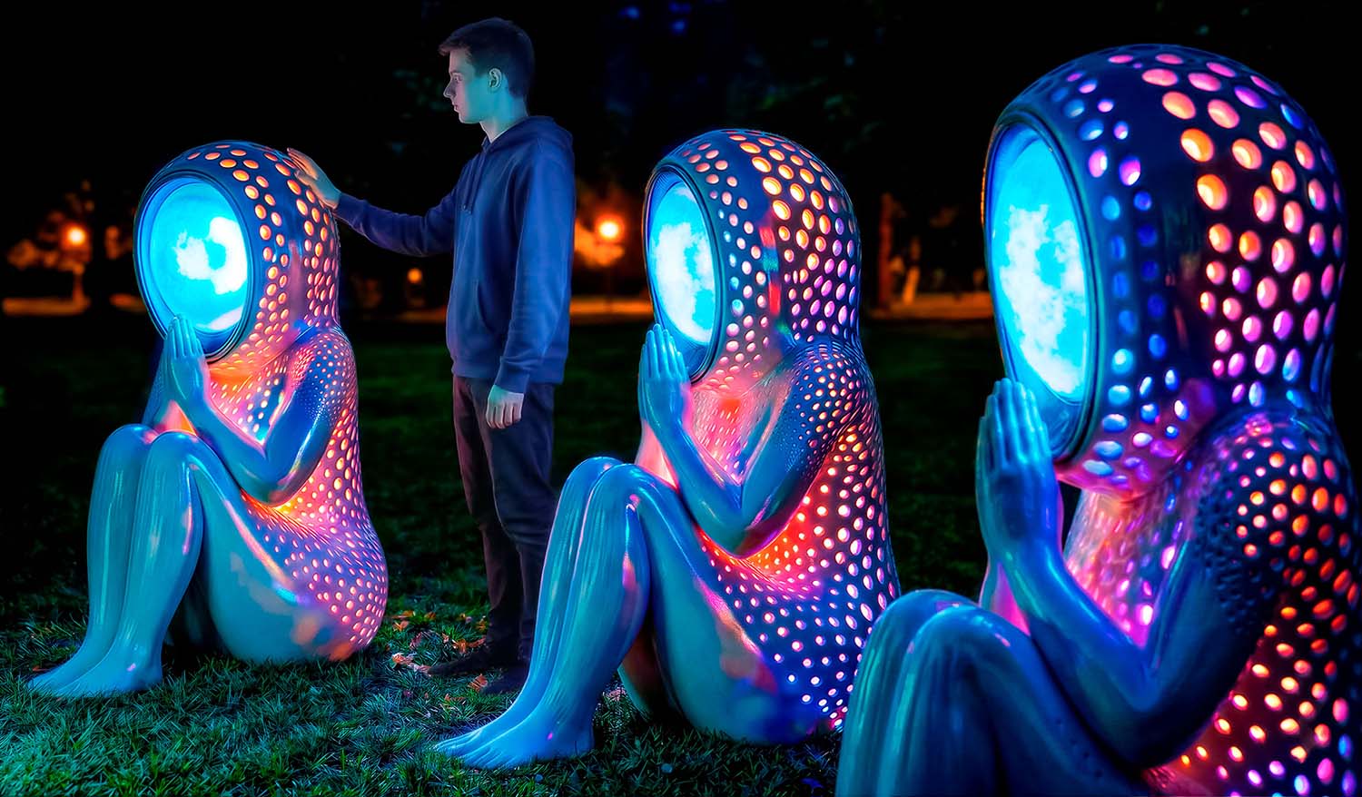 Фрагмент интерактивной инсталляции «Молитва о Любви»: посетитель прикасается к фигуре матери-хранительницы, и её поверхность откликается динамической LED-подсветкой. Безликие скульптуры мягко «оживают» светом, вступая в тихий диалог с человеком и создавая тактильный, световой и эмоциональный опыт заботы и присутствия.