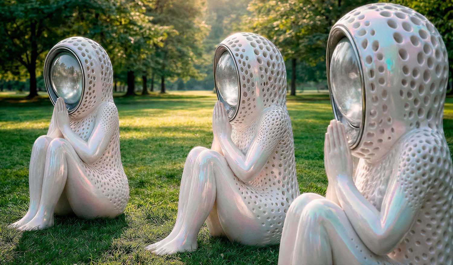 Фигуры матерей-хранительниц в инсталляции «Молитва о Любви»: безликие скульптуры с перфорированной поверхностью сидят в позе молитвы в парке, формируя круг заботы. Их нейтральный облик и мягкие отражения света создают образ архетипической материнской поддержки и внутренней тишины, ожидающей присутствия человека в центре.