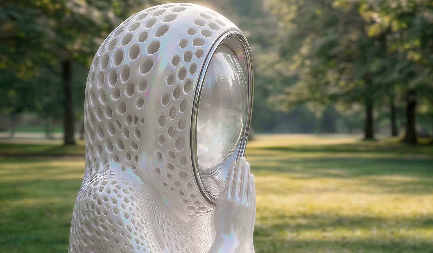 Крупный план фигуры матери-хранительницы в инсталляции «Молитва о Любви»: безликая перфорированная скульптура с мягкими отражениями света и зеркальной поверхностью лица, сложенные в молитве руки подчёркивают образ тишины, заботы и архетипической поддержки в пространстве парка.