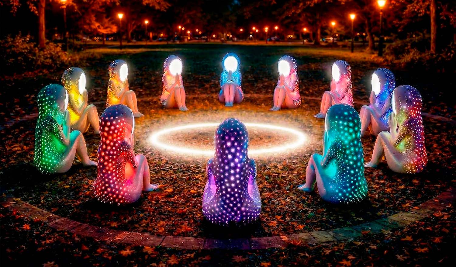 Интерактивная инсталляция «Молитва о Любви» в ночном парке: круг из 11 безликих матерей-хранительниц с разноцветной LED-подсветкой окружает светящийся центр. Синхронизированный свет создаёт единый живой ритм, превращая пространство в коллективный ритуал — место, где человек ощущает принятие, внимание и благословение.