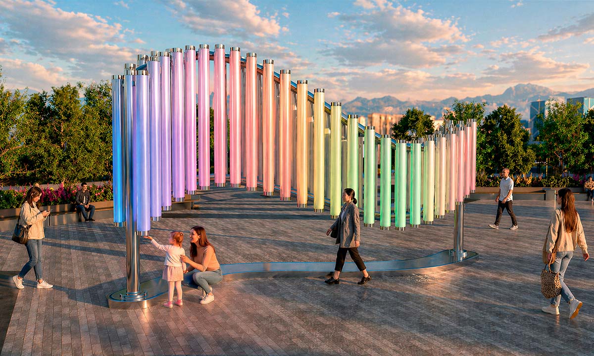Interactive light installation “Magic Streams” — a wave-like composition of vertical illuminated cylinders with smooth color gradients, mounted on a metal structure in an urban plaza; visitors interact with the installation in the evening.