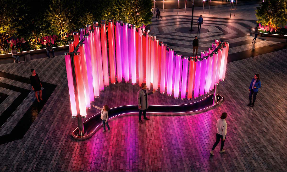 Interactive installation “Magic Streams” — a fluid, wave-like composition of vertical light cylinders shimmering in rich pink-red hues; the light gently pulses and shifts as people approach, creating the effect of a living stream of light within the evening urban plaza.